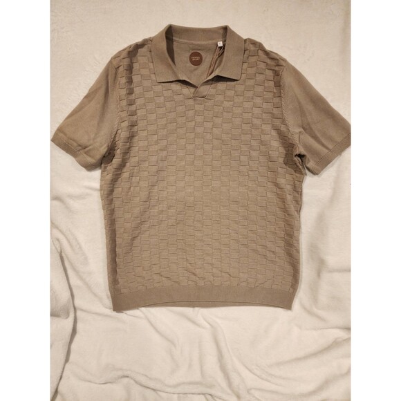 Common People Taupe Textured Carson Style Checkered Knit Polo Sweater Mens L - Picture 1 of 9